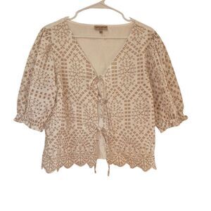 Hester & Orchard Women's White & Ecru Lace Cotton Tie Front Top